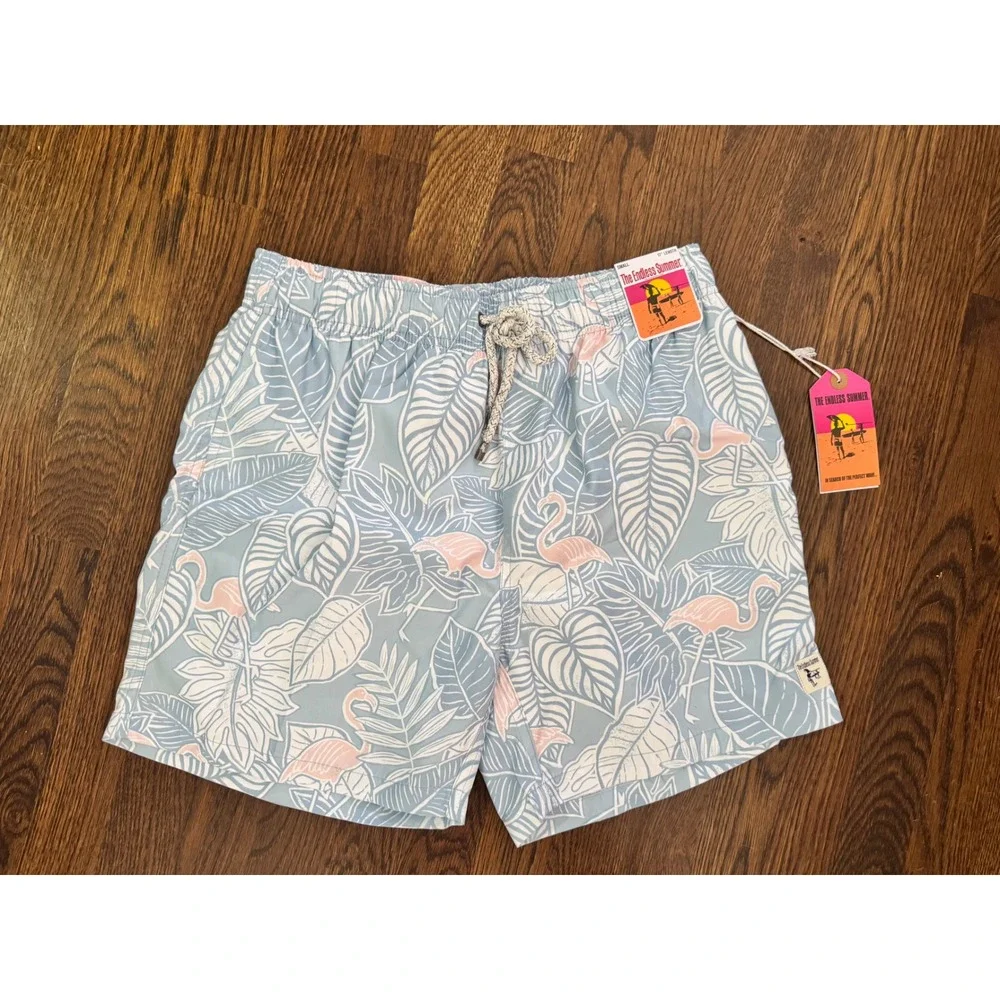 NWT The Endless Summer Mens Flamingo Tropical Swim Trunks Blue Small - Picture 2 of 9